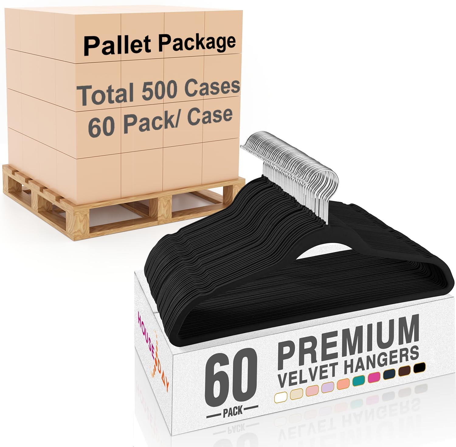 HOUSE DAY Black Velvet Hangers 500 Cases (60 Pack/Case) Pallet Package for Small Business, Non Slip Clothes Felt Hanger Heavy Duty for Coat, Premium Slim Space Saving Hangers for Closet Organizer
