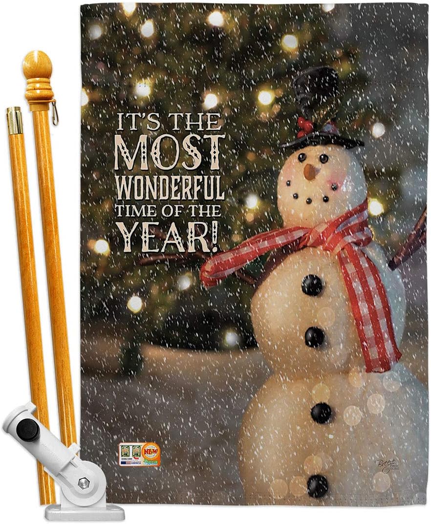 Most Wonderful Time Snowman Garden Flag Set Wall Holder Wintertime Winter Wonderland Snowflake Ice Skate Season Snow Small Decorative Gift Yard House Banner Made In USA 13 X 18.5