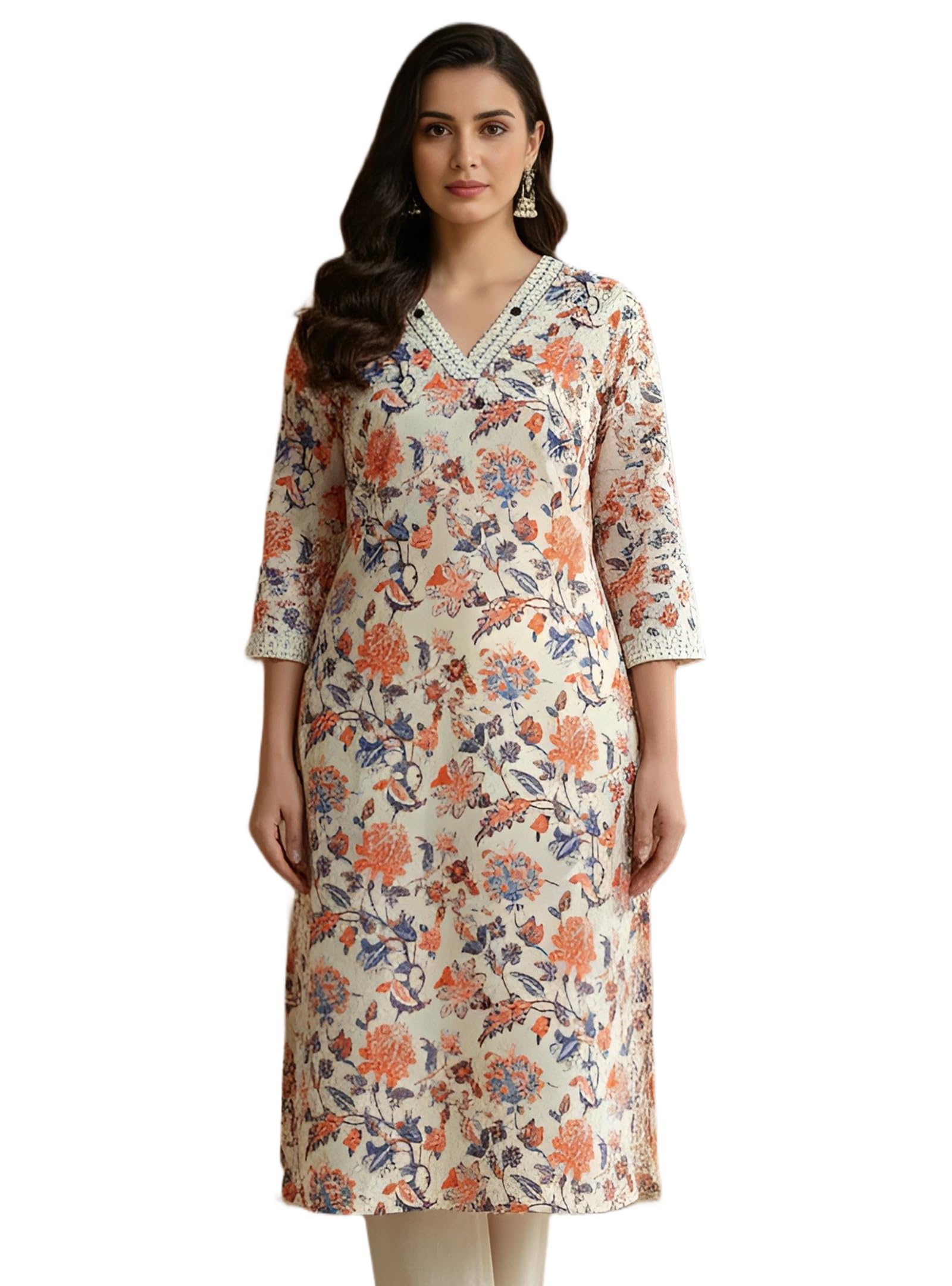 Anouk Women's Floral Printed Straight Fit Long Kurti |Comfortable Cotton Kurta | Everday Wear Casual Summer Kurtis in multi