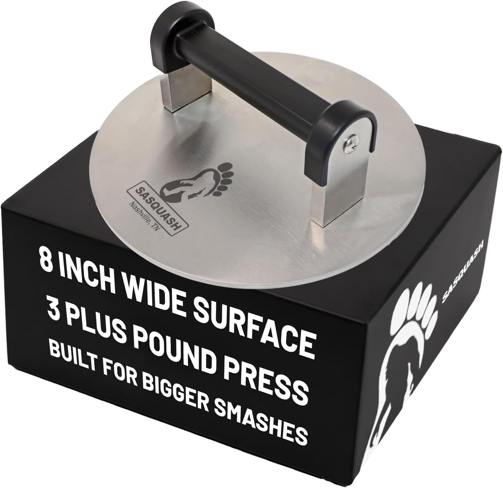 Sasquash Smash Burger Press, Bigfoot 8 Inch Burger Press, 3 Plus Pound Stainless Steel, Heavy Hamburger Smasher Tool, Round For Griddle, Grill, Flat Top, Sandwiches, Steak, Grilling Accessories