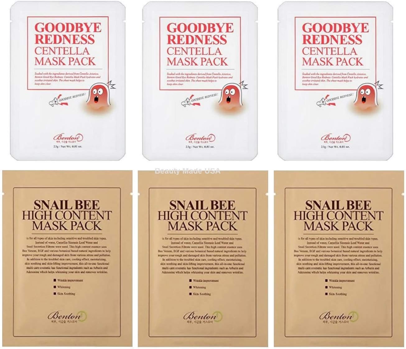 Snail Mask : 3 Benton Snail Bee High Content Sheet Mask & 3 Benton Goodbye Redness Centella Sheet Masks Pack (Total 6 Sheet Masks Custom Labeled Pack)