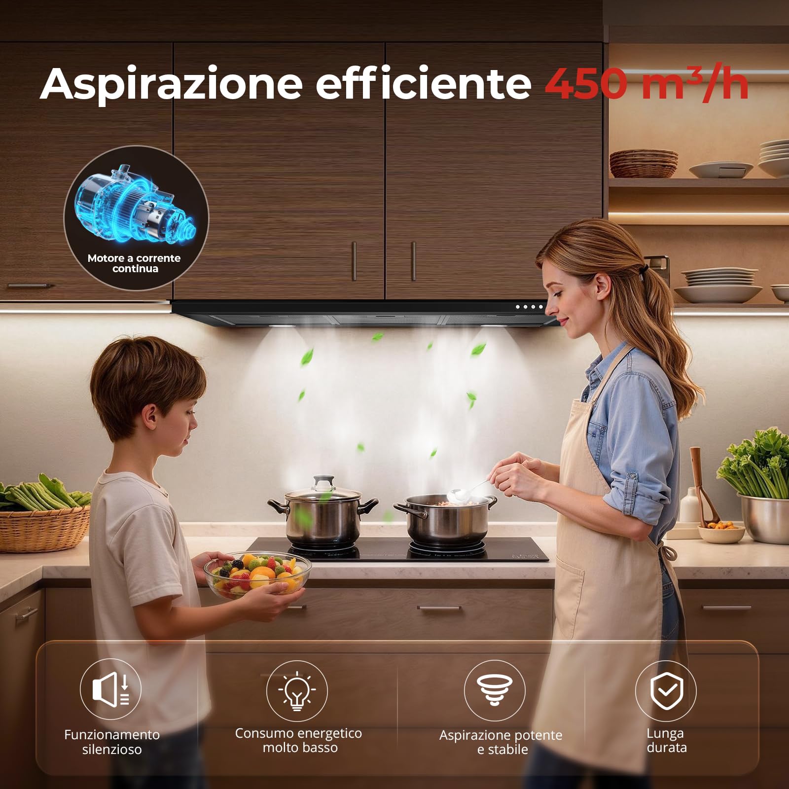 SNDOAS Cappa Cucina 90cm Nero, A+++ Cappa Aspirante con LED, Scarico/Ricircolo, 450 m³/h Cappa 90cm, Filtro a Carboni Incluso, 3 Velocità