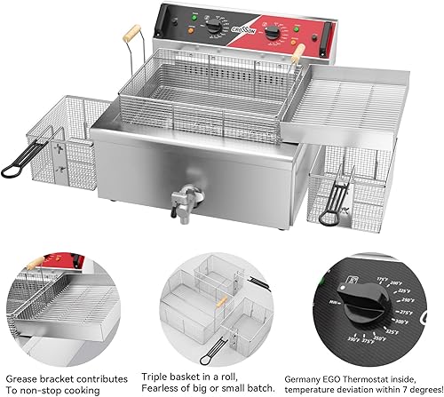 Miniatura 4 de CROSSON Freidora de Pavo Eléctrica de Triple Cesta de 10,9 kg con Boca de Drenaje de Aceite, Rejilla de Drenaje de Aceite, Freidora Profunda