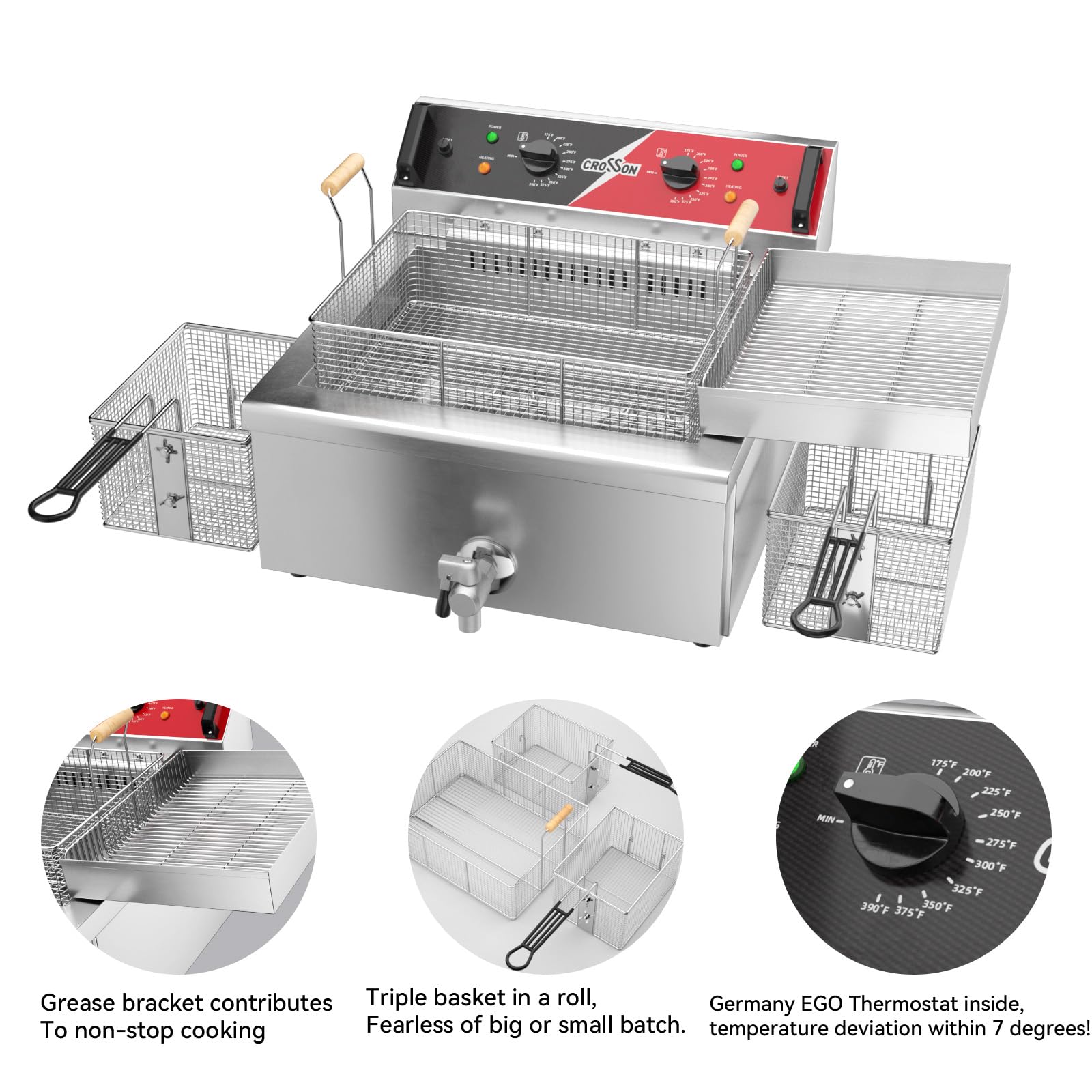 CROSSON Kommerzielle Elektrische Fritteuse 6500W 12L Große Edelstahl Fritteuse mit Ablaufhahn,3 Korb,für Küche Restaurant Verwendung