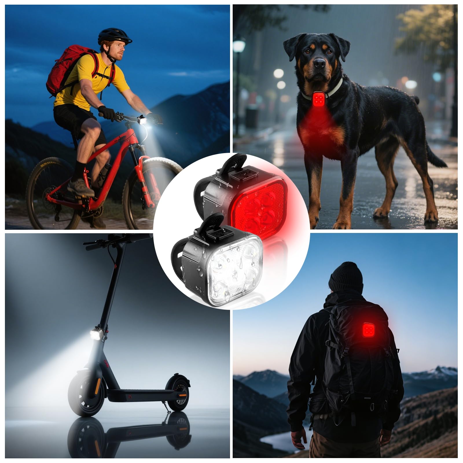 KunHe Confezione da 4 luci per bici per guida notturna, ricaricabili tramite USB, luci anteriori e posteriori, 8+12 modalità, set di luci per bicicletta, faro e fanale posteriore, facili da installare