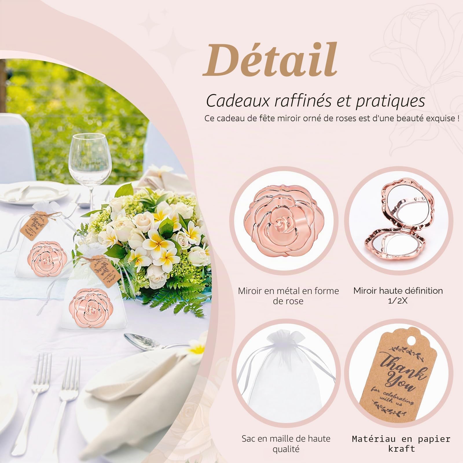 Lot de 30 miroirs compacts en forme de rose pour invités - Avec étiquette de remerciement et sac en organza (or rose)