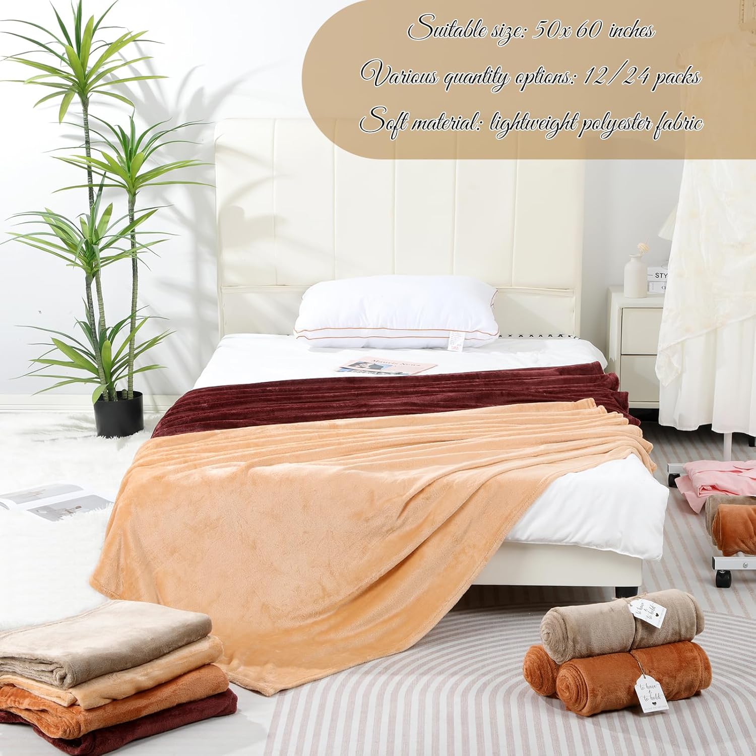 12 Pack Terracotta Flannel Throw Blankets Bulk 50 x 60 Inch with to Have to Hold Card and Rope Wedding Fleece Throw Blanket for Wedding Gifts Bed Couch Sofa Season Soft Lightweight(Terracotta) - Image 5