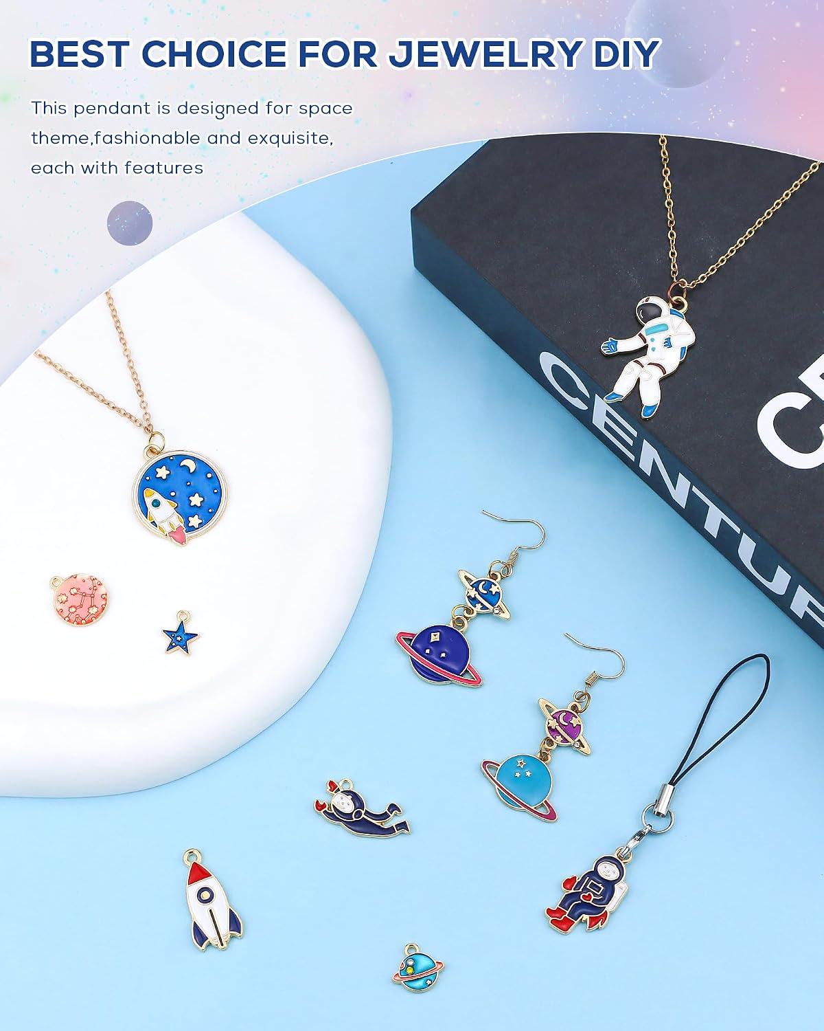JIALEEY Space Theme Charm Assorted Gold Plated Enamel Mixed Astronaut Jupiter Rocket Planet Celestial Charm Pendant DIY for Necklace Bracelet Earring Jewelry Making, 20PCS