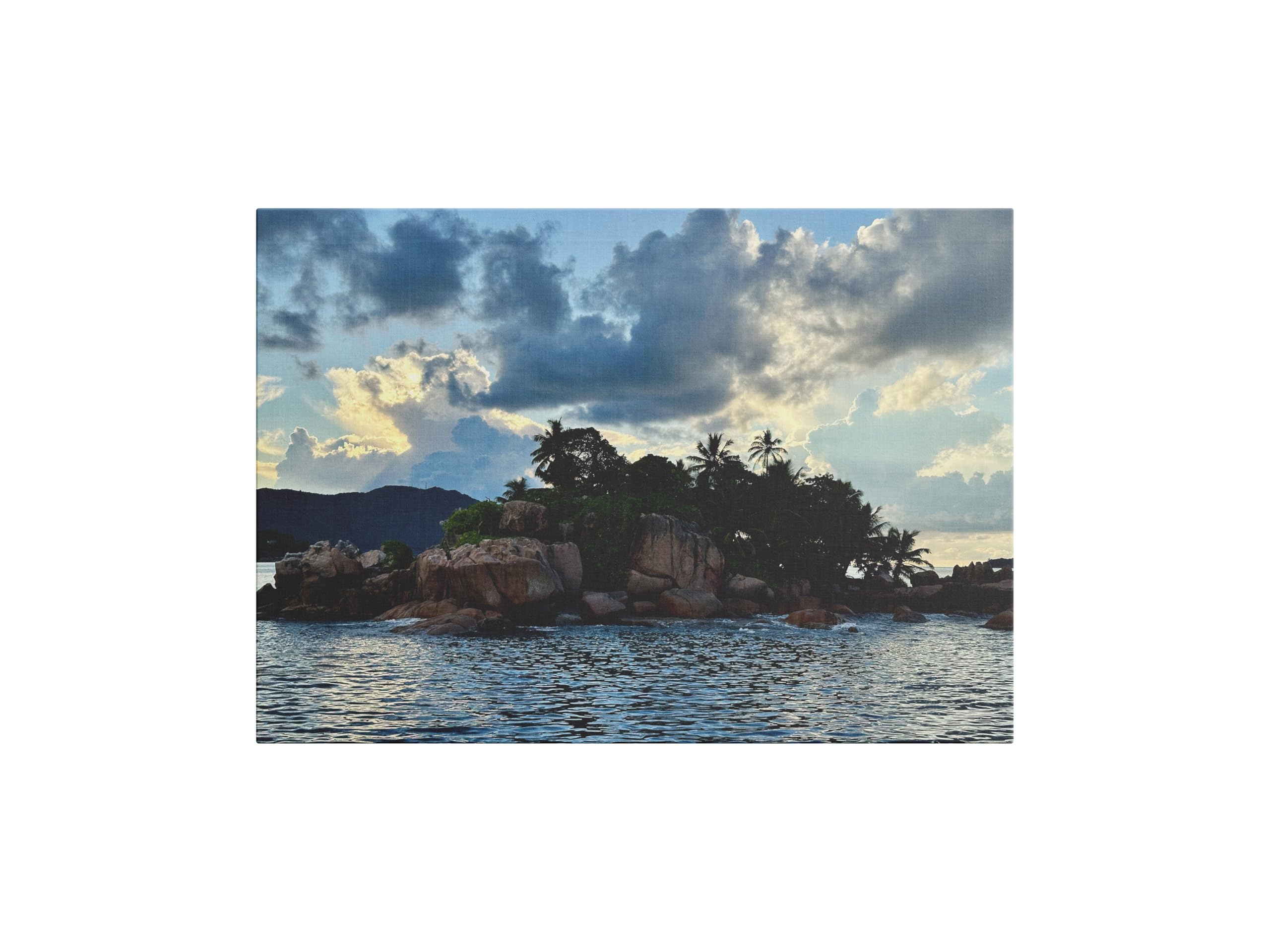 Toile coucher de soleil Seychelles 70x50cm pour illuminer un salon sombre