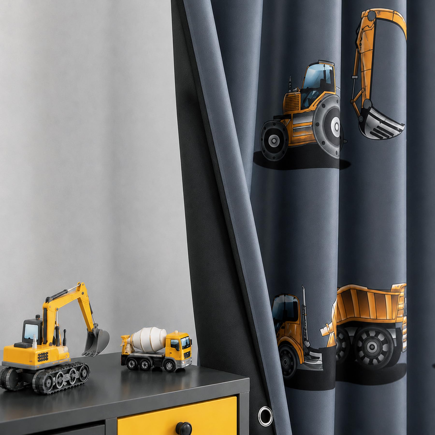 YONGFOTO Rideaux Occultants Camions Chambre d’Enfant Garçon Jaune Chantier | Véhicules Voiture Tracteur Camion Bulldozer Rideaux Thermiques pour Chambre d’Adolescent avec Œillets 2 Panneaux 117 x 138 cm