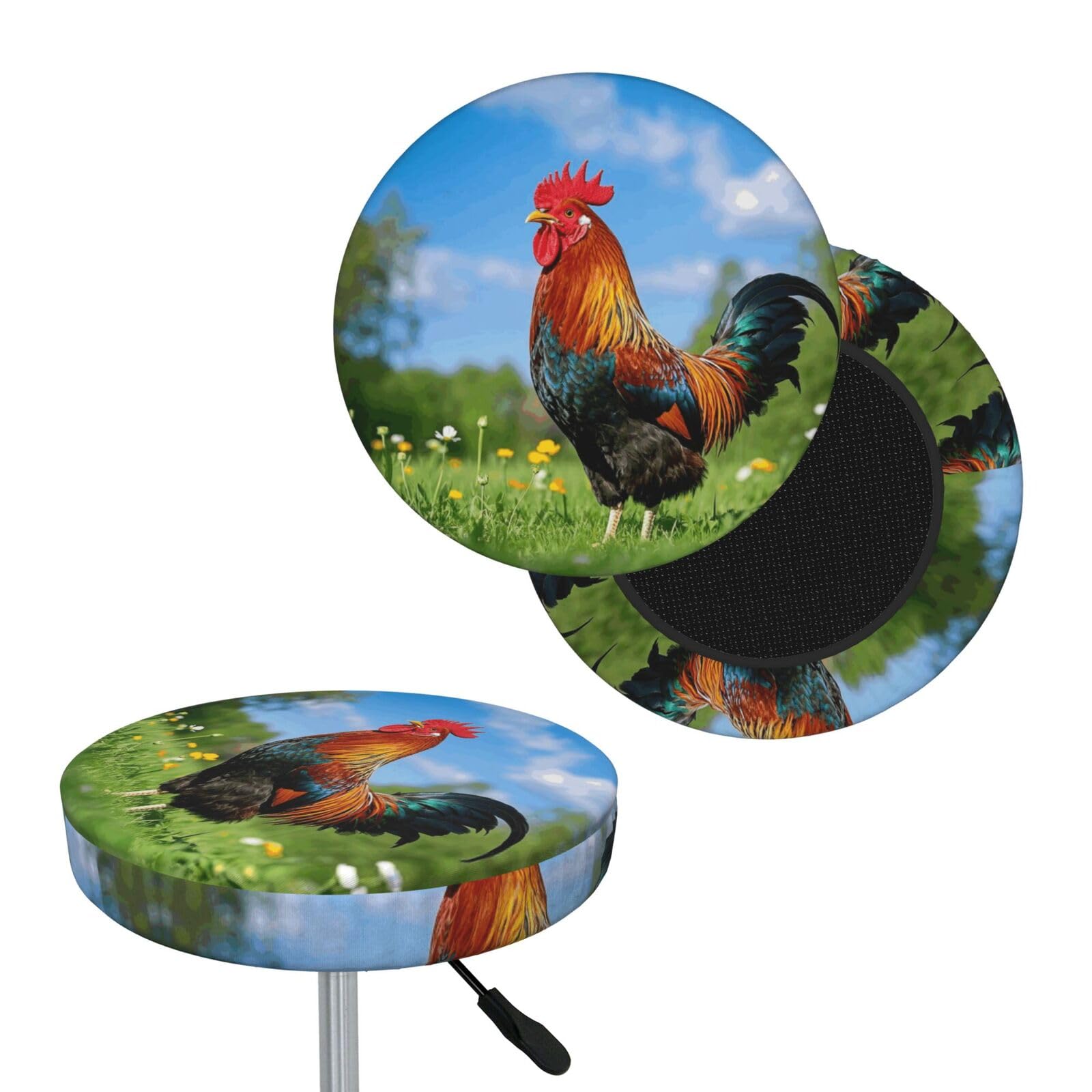 FodPand Rooster Bar Stool Cover Round Elastic Stool Cushion Covers Washable Bar Stool Chair Slipcover Stretch Stool Seat Covers for 12-14 Inch Chair