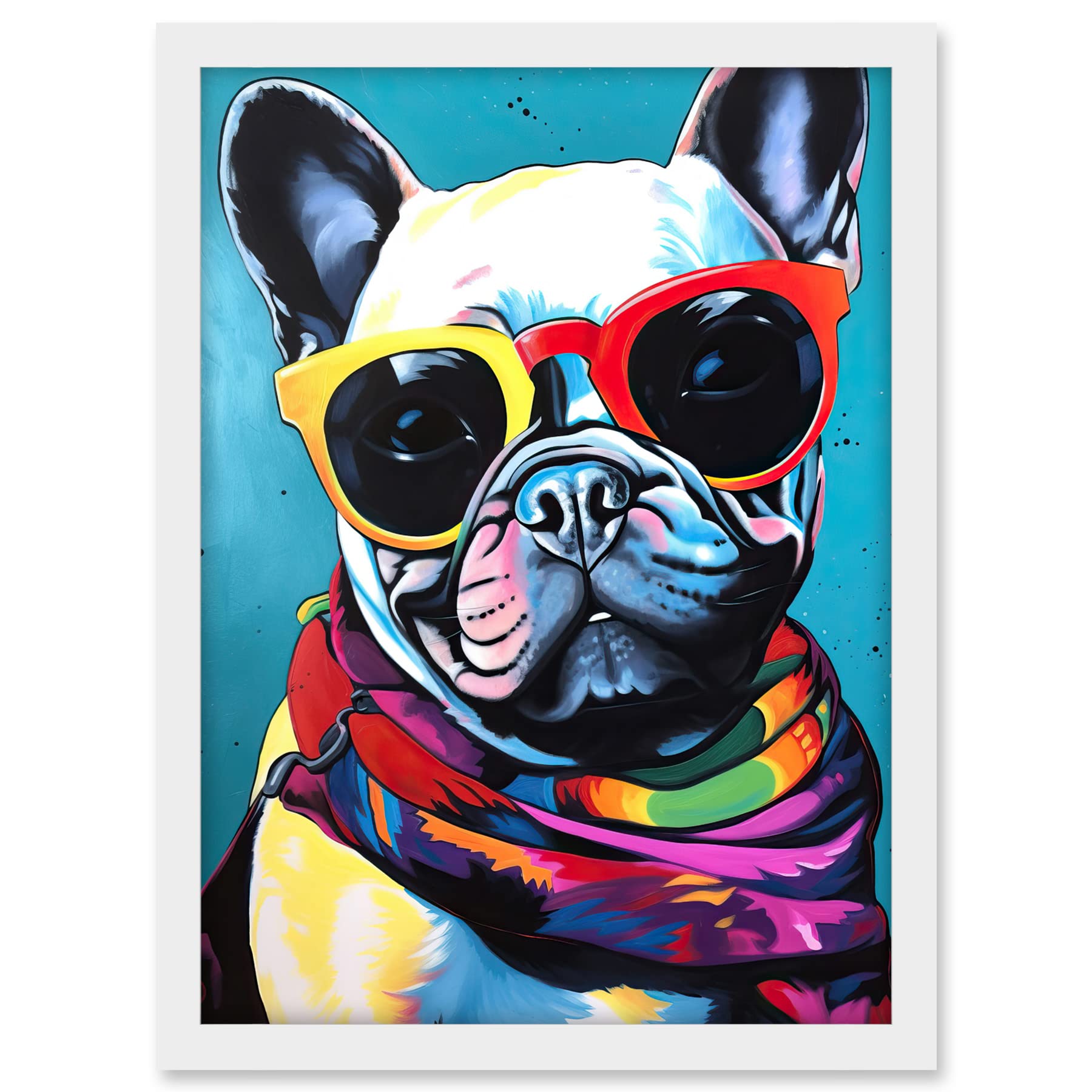 Artery8 French Bulldog in Sunglasses and Bandana Folk Art Artwork Framed A3 Wall Art Print