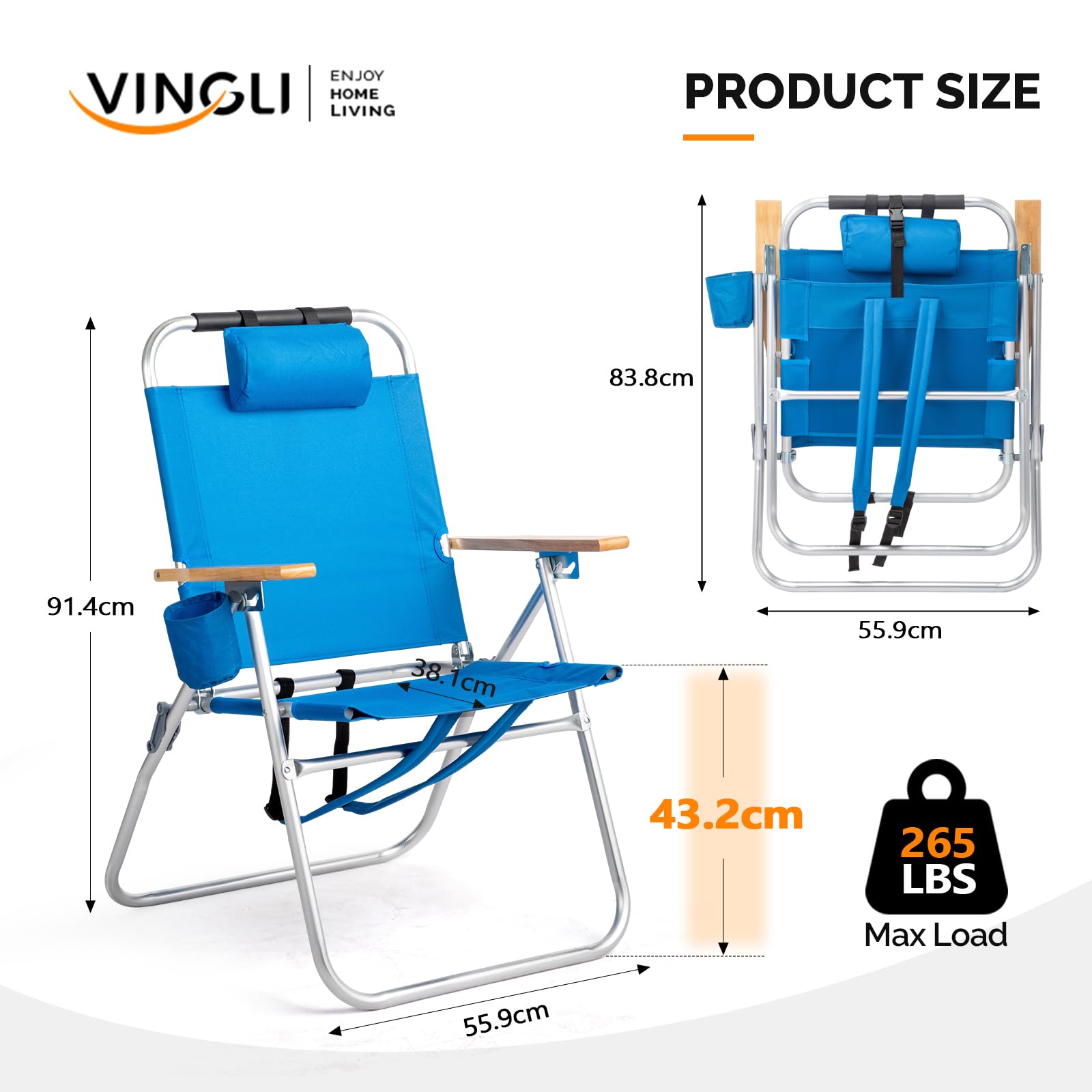 VINGLI Spiaggina Pieghevole e Portatile in Tessuto Oxford 3kg, Sedia Mare Regolabile in 3 Posizioni con Tracolla, Cuscino e Braccioli, Sdraio da Giardino, Balcone e Spiaggia, Blu