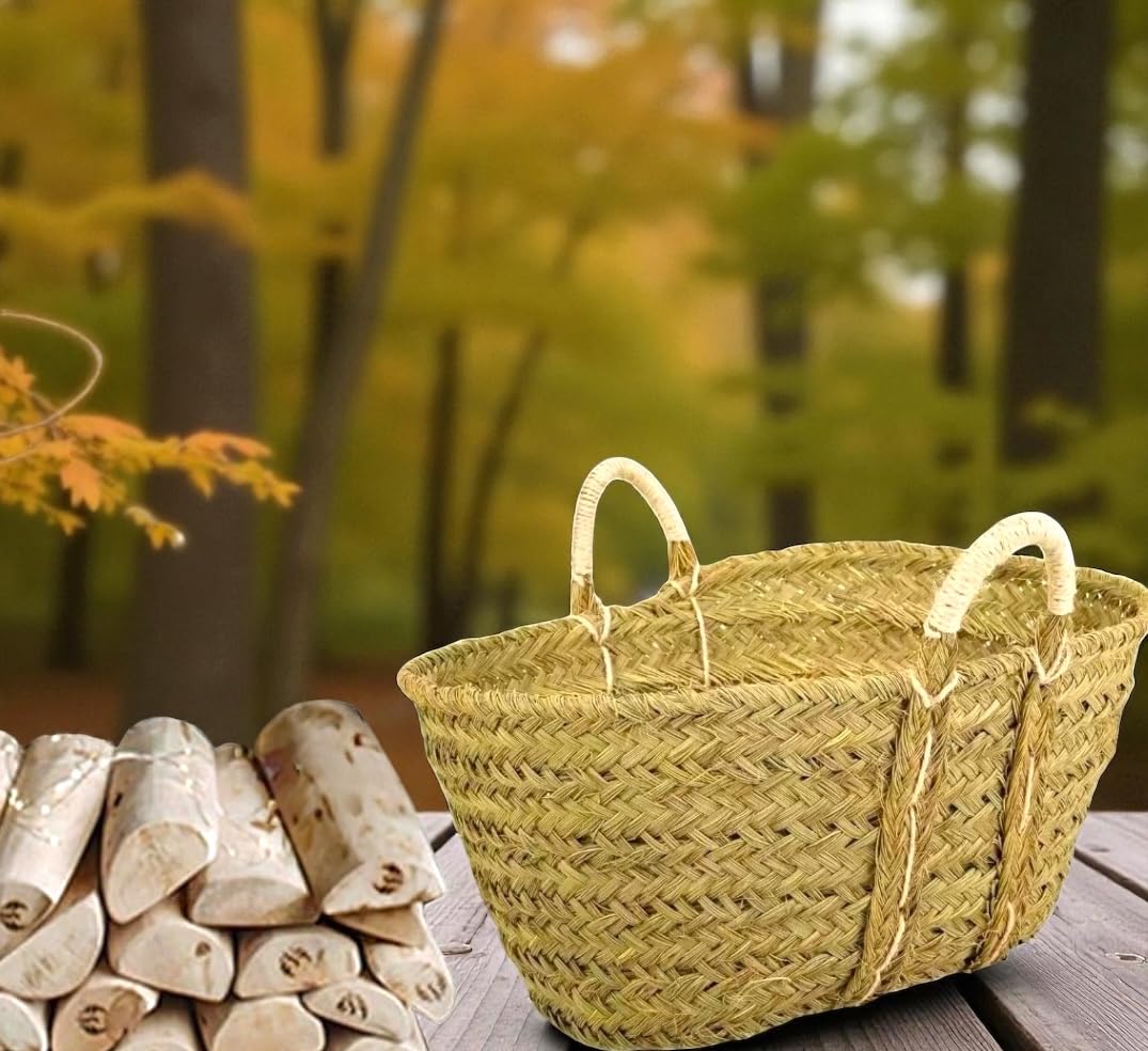 Cesto de Esparto Natural,Capazo de Esparto con Asas Decorativo Ovalado con Asas de Pita, Leñero Decorativo para Chimenea Capazo Cesto para Leña (60 * 50 * 35)