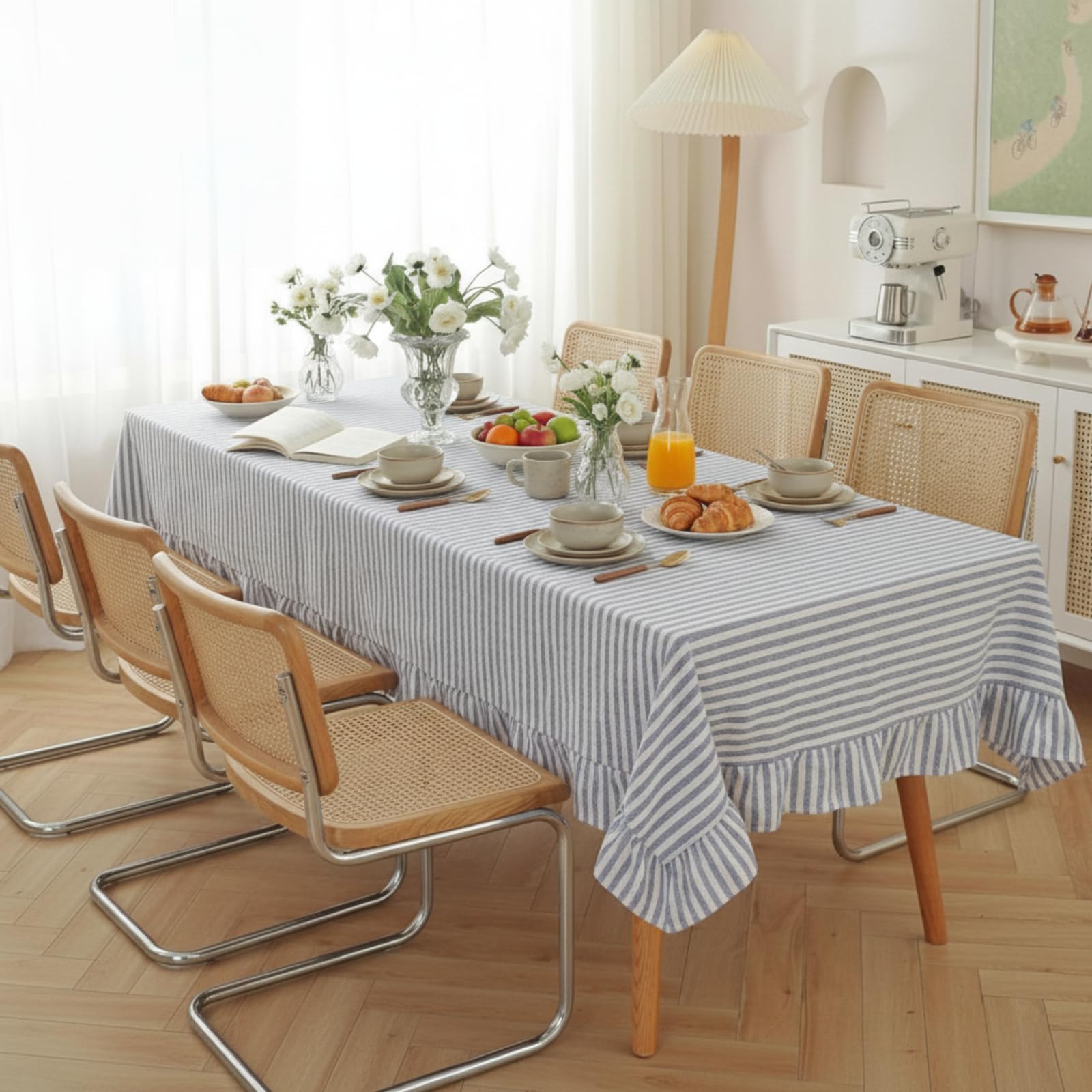 Photo 1 of Boao Cotton 60 x 120 Inch Farmhouse Ruffle Tablecloth Blue White Striped Flounces Trim Table Cover for Rectangle Table Kitchen Party Wedding Decor