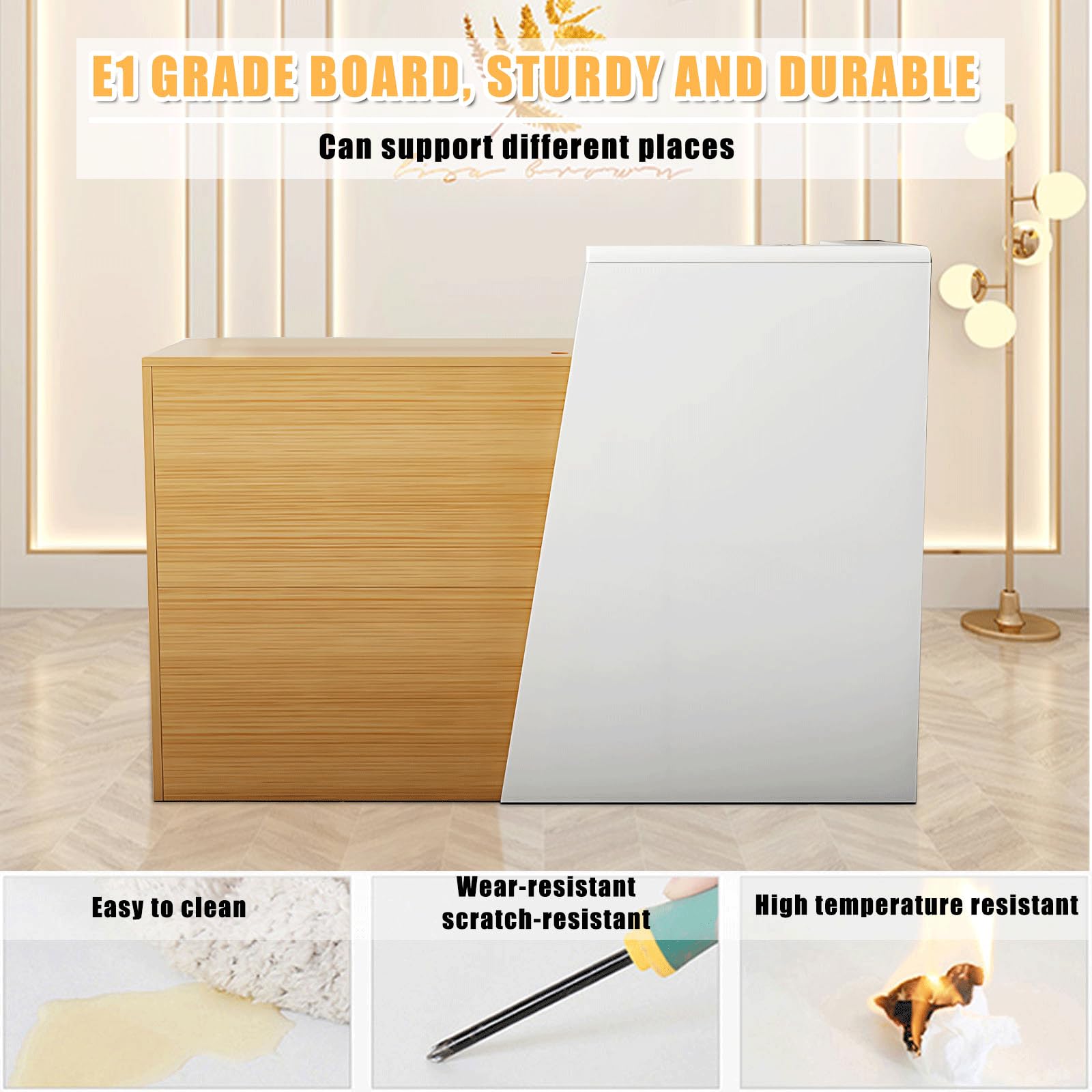Recepción, escritorio de recepción grande, escritorio de recepción con mostrador, mostrador de pago para pago, vestíbulo, salón de belleza, oficina en casa, venta al por menor, clínica, oficina