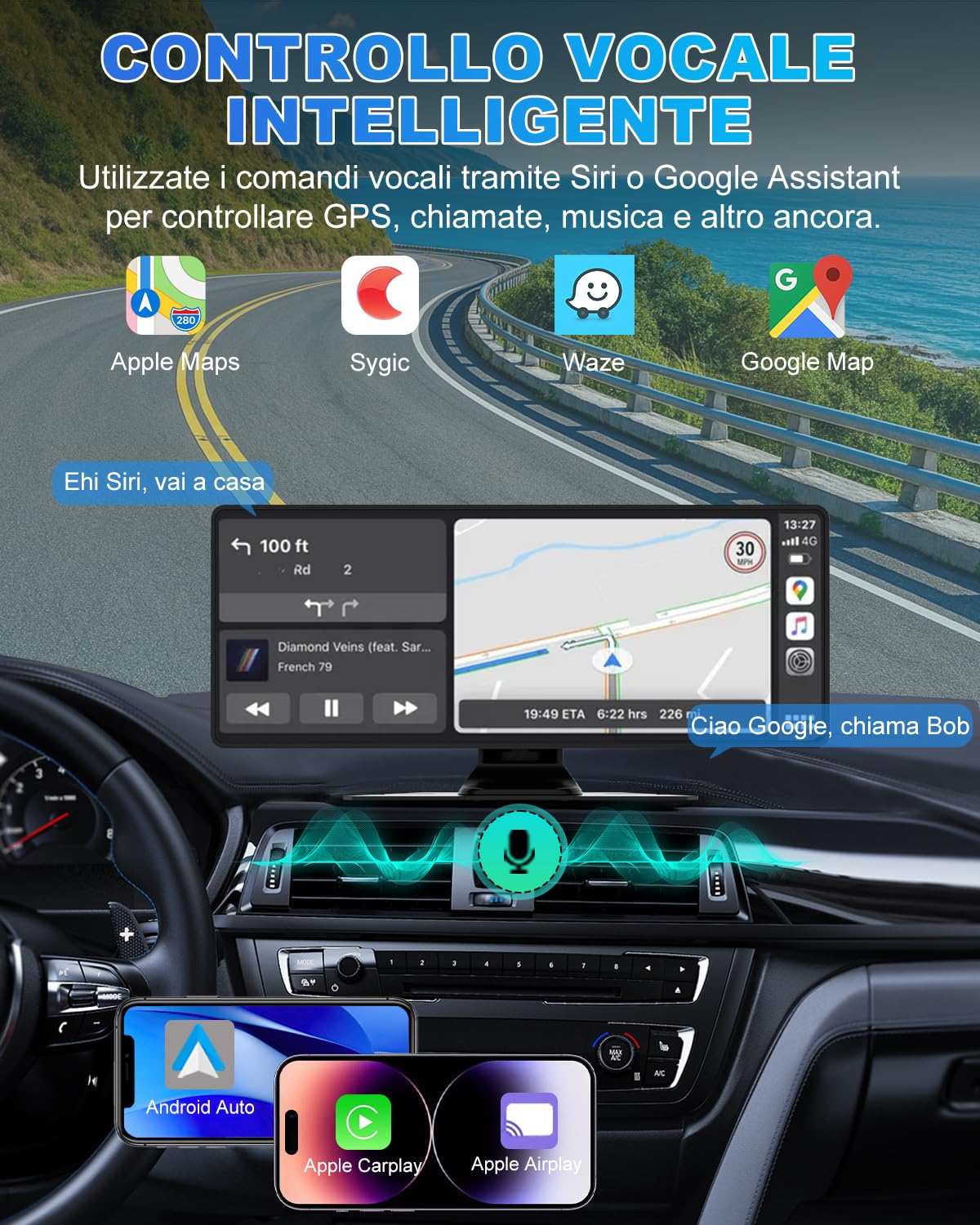 Carplay Auto, 10.26" Android Auto Wireless, Autoradio Bluetooth con Schermo con 1080P Telecamera Posteriore e Anteriore, Navigazione GPS, Audio Premium, Comando Vocale, Accendisigaro a Doppia Porta