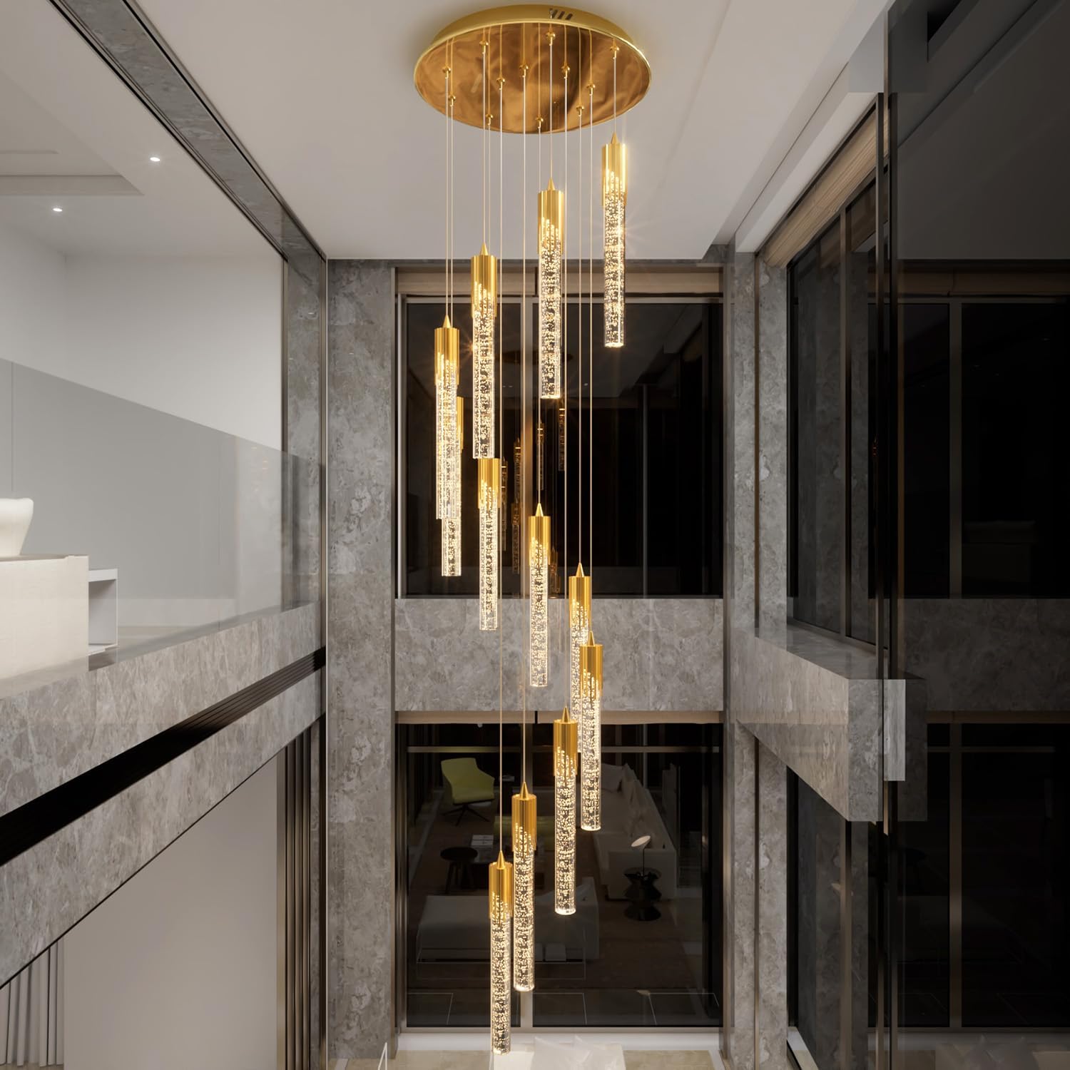 Flashing God Modern Crystal Chandelier Dimmable LED Gold Ceiling Light Crystal Bubble Pendant Lights High Ceiling Chandelier for Living Room Lobby Staircase Chandeliers Gold 10-lights