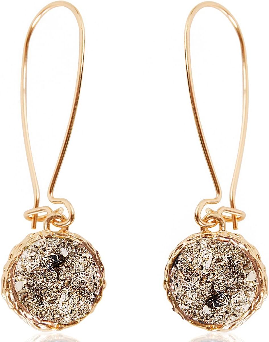 Simulated Druzy Threader Drop Earrings for Women - Gold, Silver, or Rose Gold Tone Trendy Boho Dangles with Sparkly Round Stone