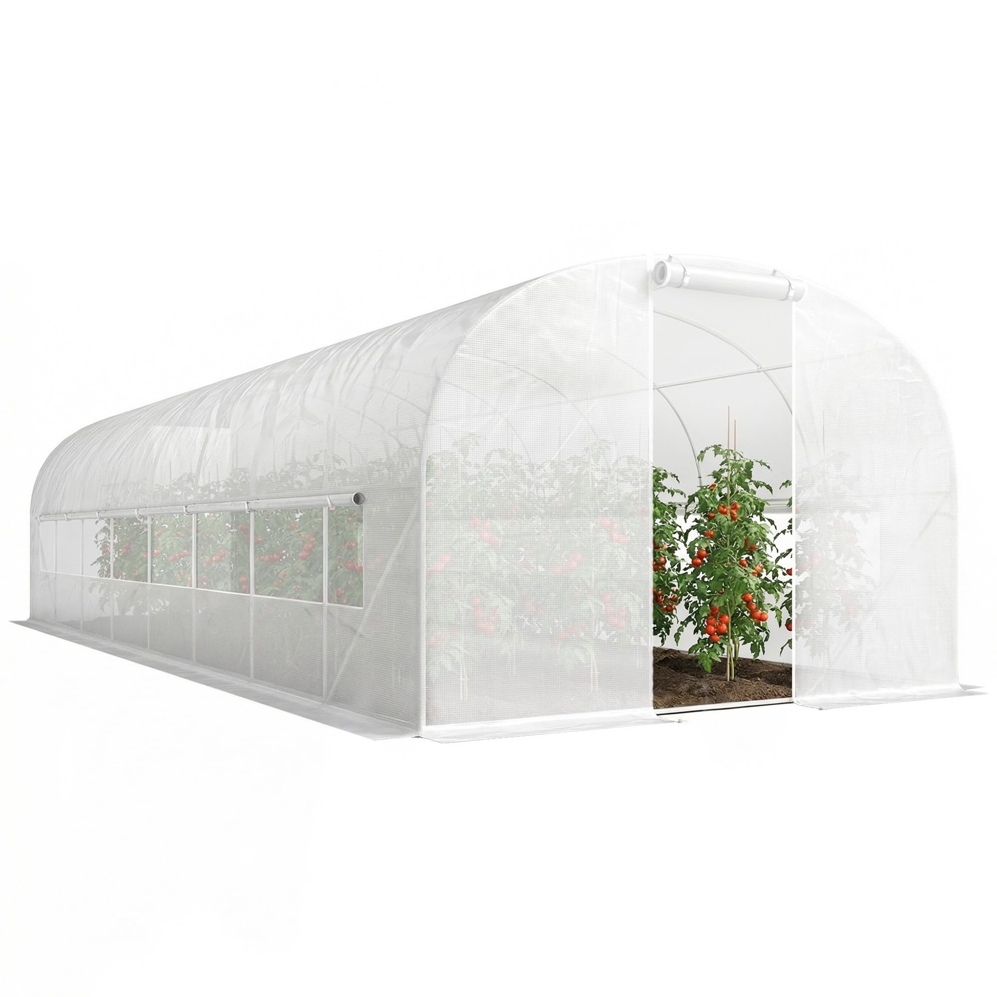 Outsunny Serre Tunnel de Jardin 24m², Serre de Jardin Tunnel 295x798x198cm avec Cadre en Acier galvanisé, Portes et 2 Grandes fenêtres, bâche PE Haute densité 140 g/m² prolongée de 20 cm, Blanc