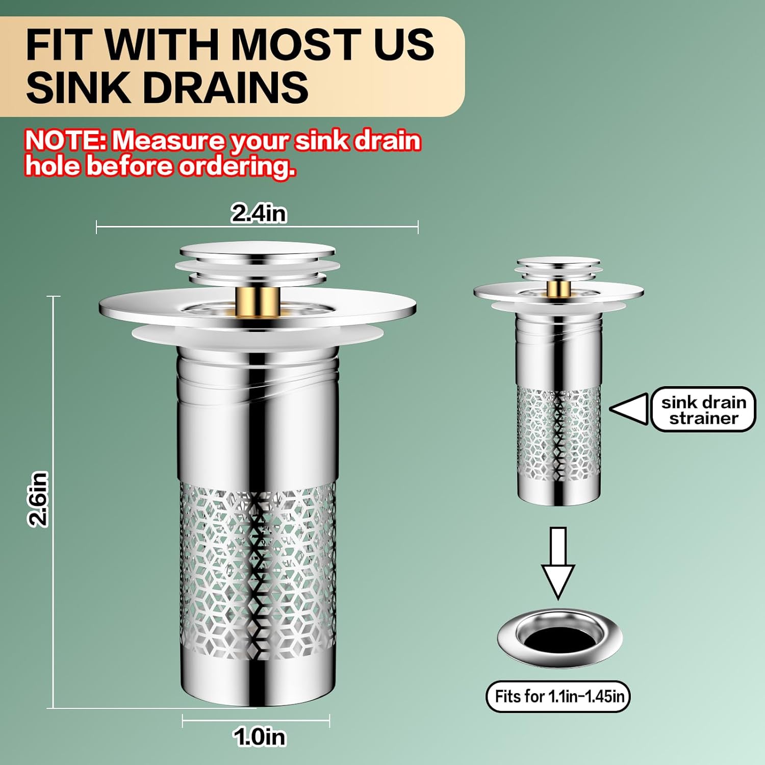 Bathroom Sink Drain Strainer 2 Pack, Universal Pop Up Stopper with Removable Filter Basket, Hair Catcher Drain Plug, Sink Filter Fits 1.1"-1.45" Basin