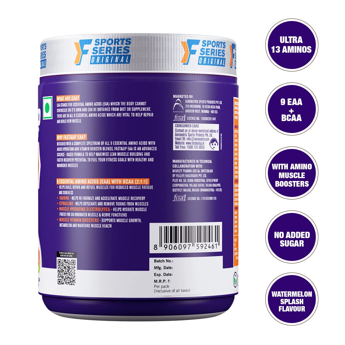 FAST&UP EAA Intra - Training/Workout drink (EAAx9) with BCAA+Electrolyte Blend+Vitamin Booster helps provide Muscle Recovery All 9 Essential Amino Acid- 30 servings (Watermelon Splash), Purple,Powder 1