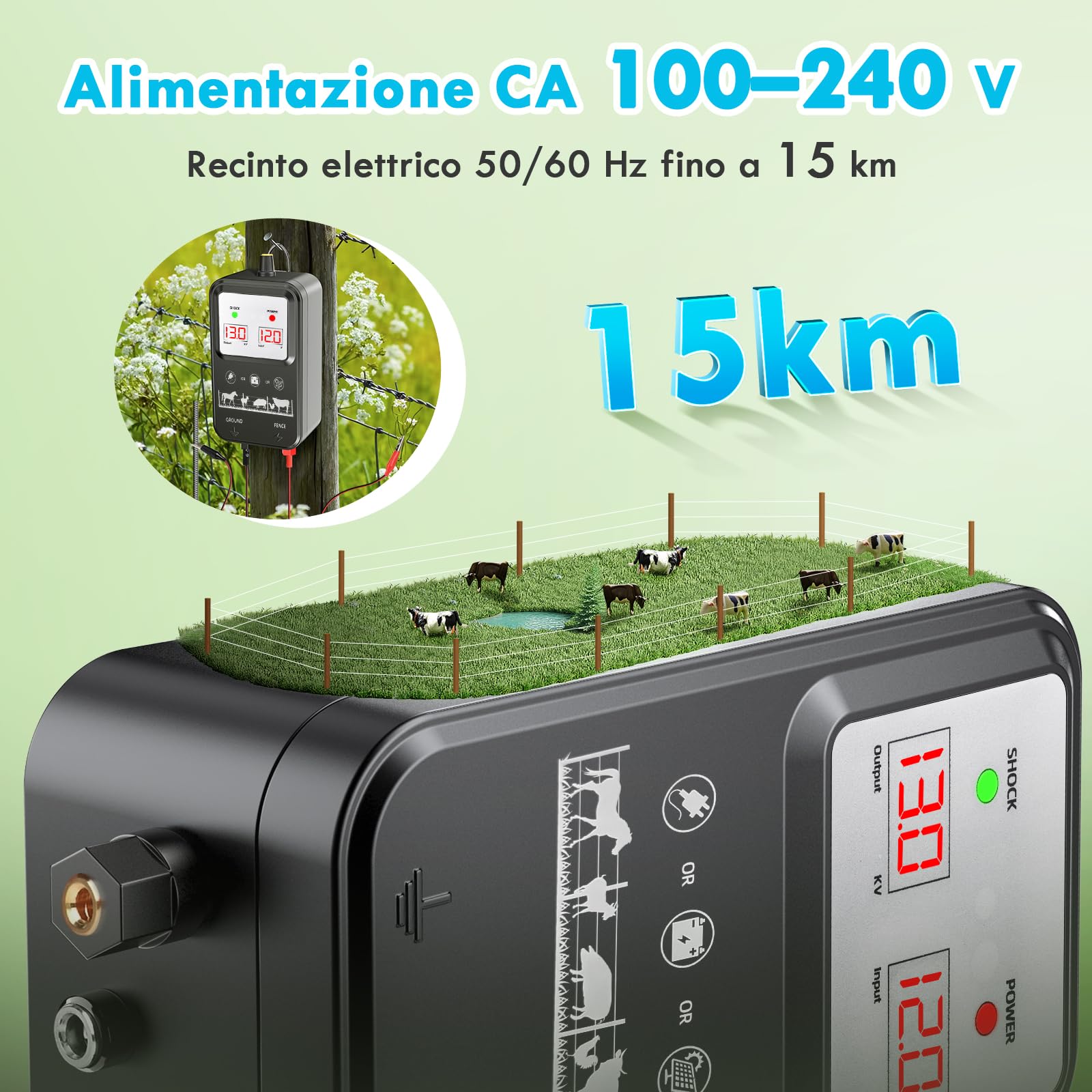 15KM Recinto Elettrico per Animali, 2J Elettrificatore per Recinzione Elettrica, Tensione regolabile 7-13KV Controllore di Impulsi ad Alta Tensione Sicuro Recinzione Elettrica per Pascolo