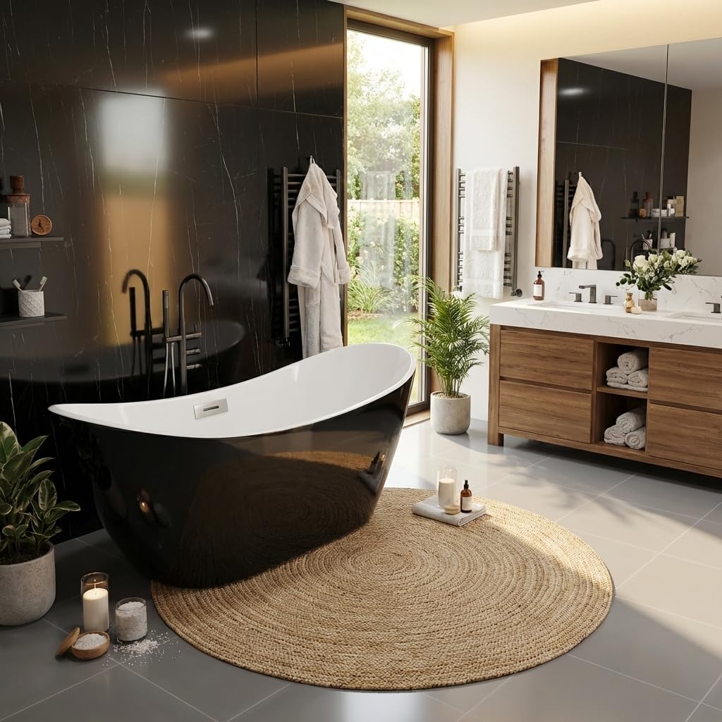 59" Freestanding Acrylic Bathtub, Deep Soaking Tub with Non-Slip Base & Chrome Drain, cUPC Certified, Easy Install, Space-Saving Bathtub, Modern Tub for Bathrooms, Black Ingot - Image 3