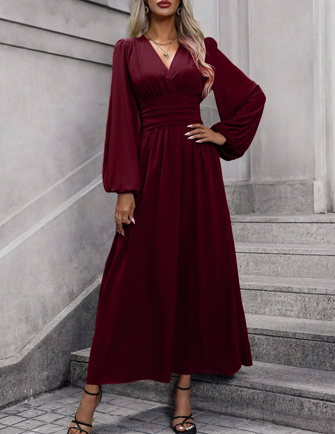 Sukienki damskie 3.0 V Neck Elegancki Długi rękaw Maxi Elastic Casual Sukienka Jesień i Zima