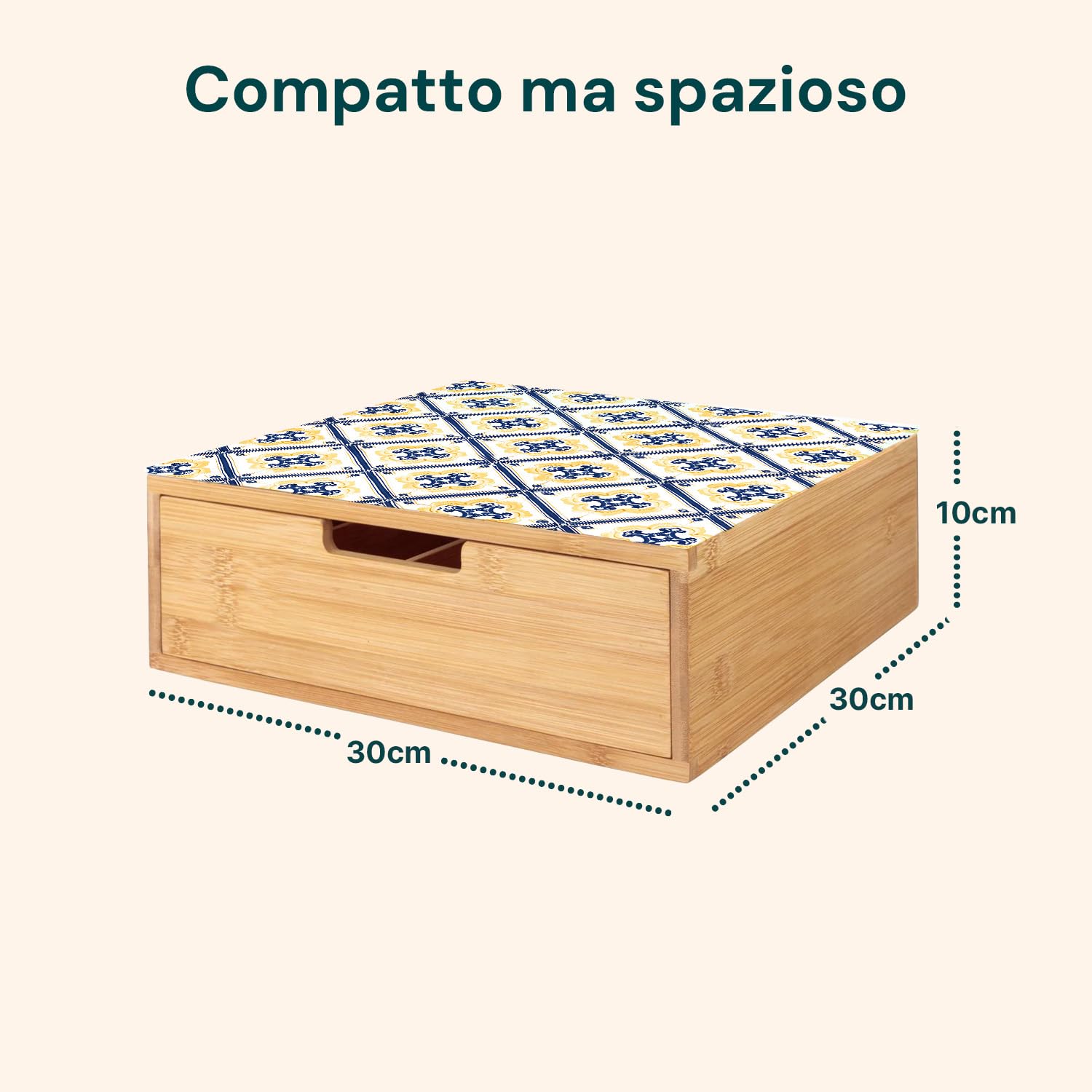 Avilia - Porta Cialde Caffè e Porta Capsule in Bambù con Ripiano in Vetro Maioliche di Sorrento, Organizer per Angolo Caffè e Tè 30x30x10cm, Elegante e Compatto per Casa e Ufficio