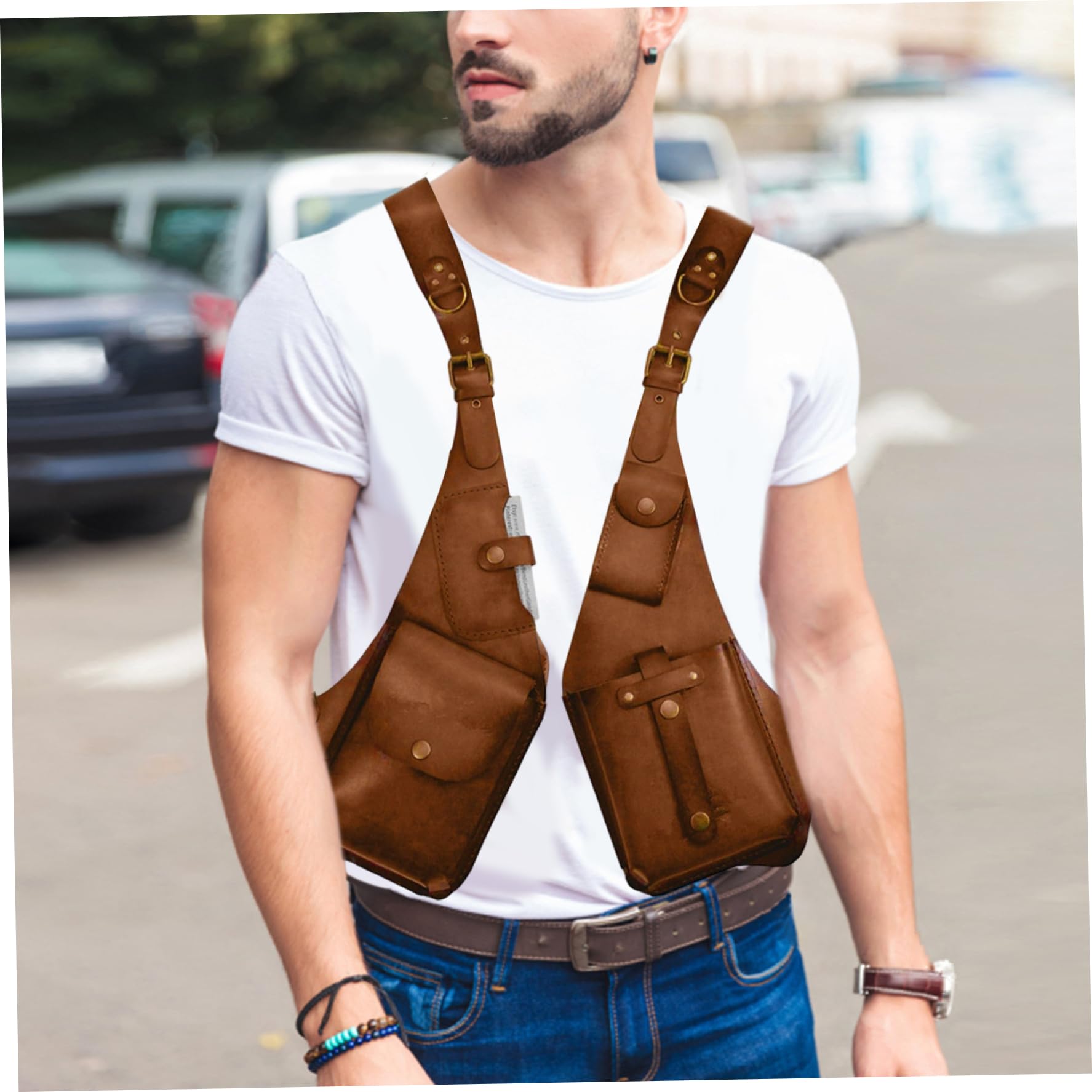 Sac à bandoulière sous les bras pour hommes, sac à bandoulière réglable antivol vintage en cuir PU avec multi-poches pour l'extérieur, marron clair, Heimdekorationen