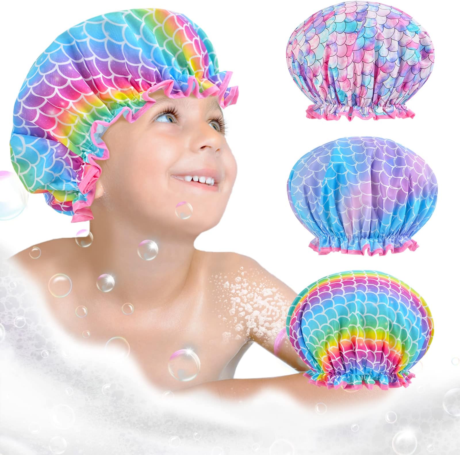 Kids Shower Cap, Rainbow Mermaids Double Layer Wide Elastic Band Silk Bonnet, Baby Bonnet Toddler Shower Cap Kids Bonnets for Girls, 3-Pack Shower Caps for Women Reusable Waterproof