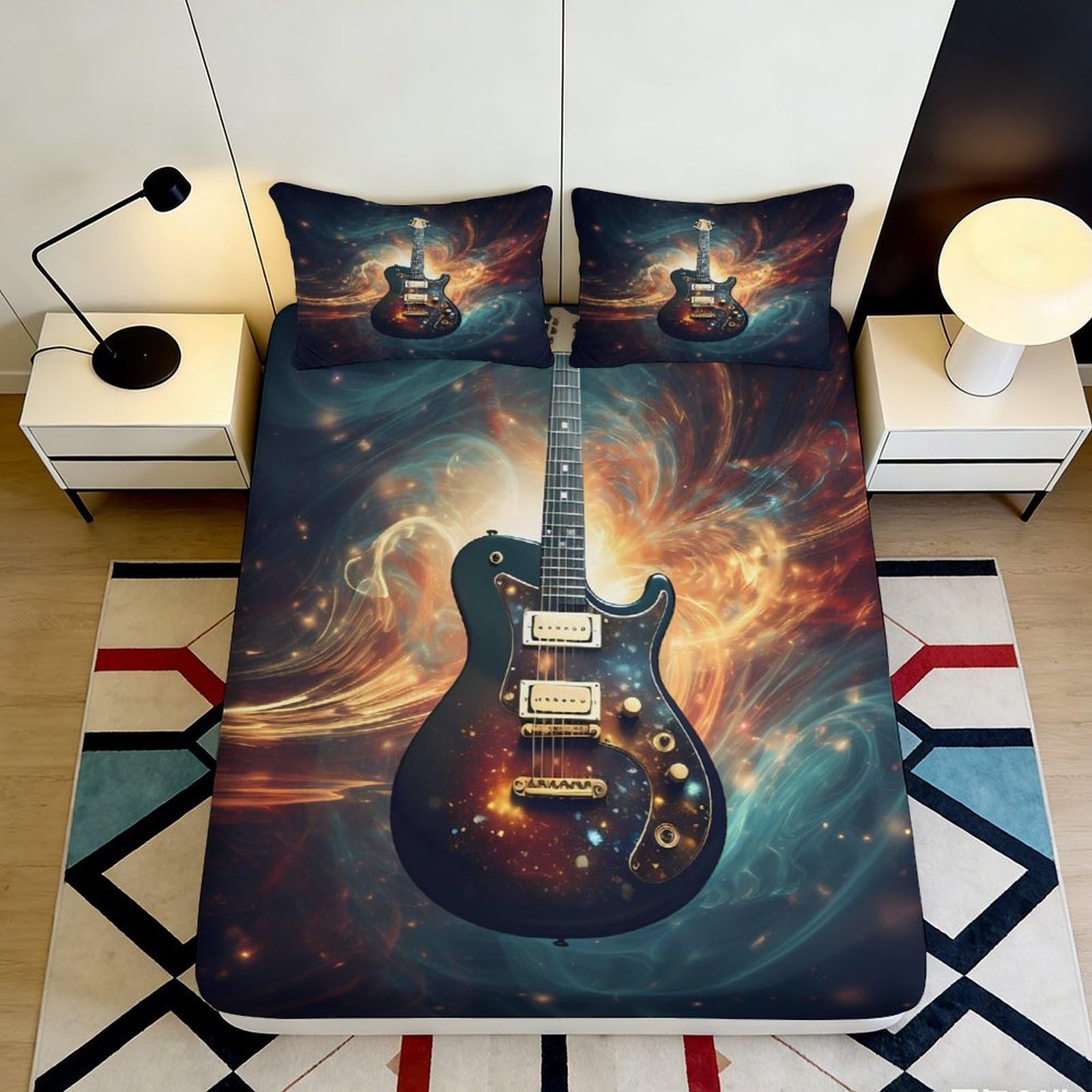 3D Printed Guitar Galaxy Fitted Sheet Microfiber Soft Bedroom Decor Cosmic Nebula Mattress Cover for Home Dorm 90x200x25cm