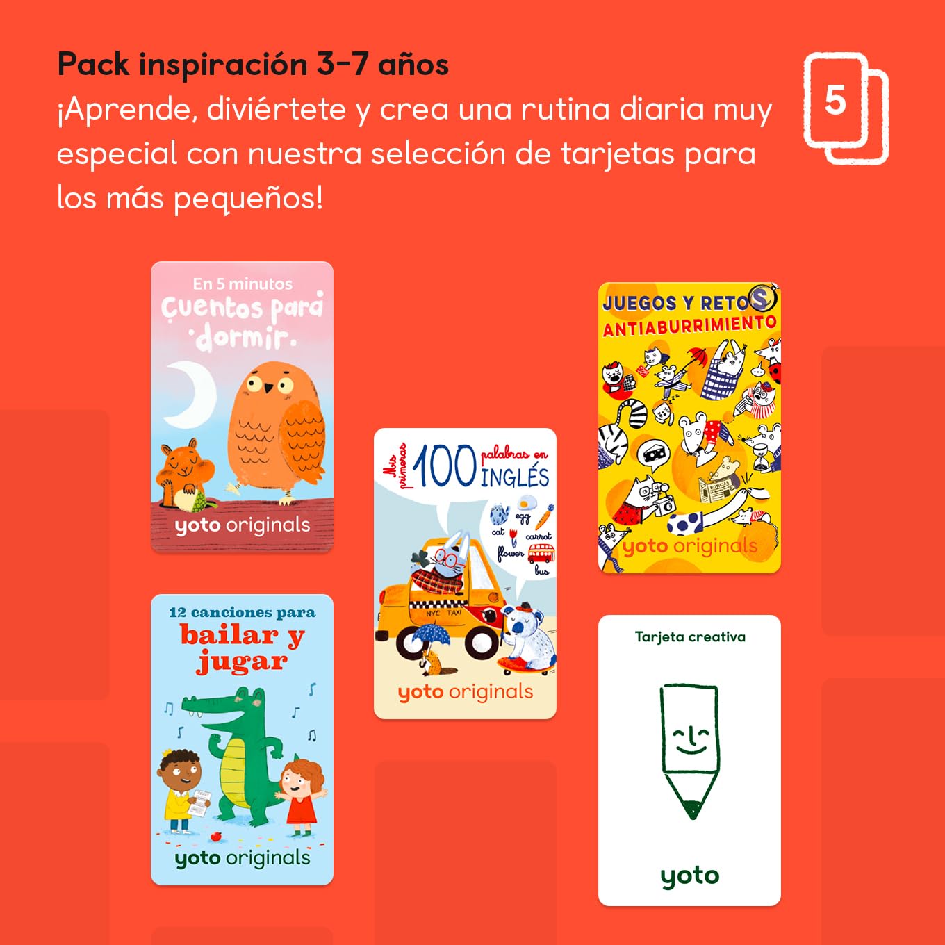Yoto Confezione di ispirazione 3-7 anni - 6 carte con racconti audio per bambini in spagnolo senza schermi. Storie per imparare e quiz interattivi. Compatibile con Yoto. Età 3+.