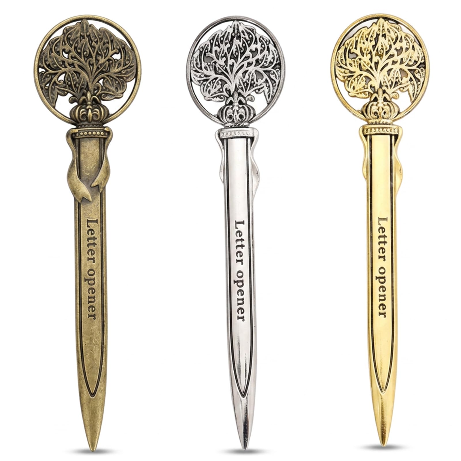 3Pcs Letter Opener, Gold Silver and Antique Gold Envelope Openers, Professional Desk Accessory for Office Use and Home Mail Handling, Elegant Vintage Design Metal Letter Openers for Correspondence