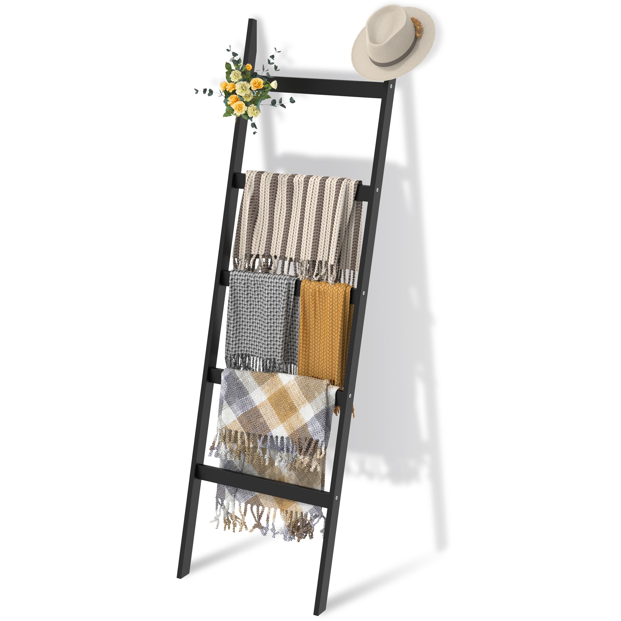 5-Tier Blanket Ladder – Decorative & Versatile Quilt & Towel Holder Rack for Bathroom & Living Room, Sturdy Standing Bamboo Towel Ladder, Farmhouse Style Blanket Rack for Home Decor, Black