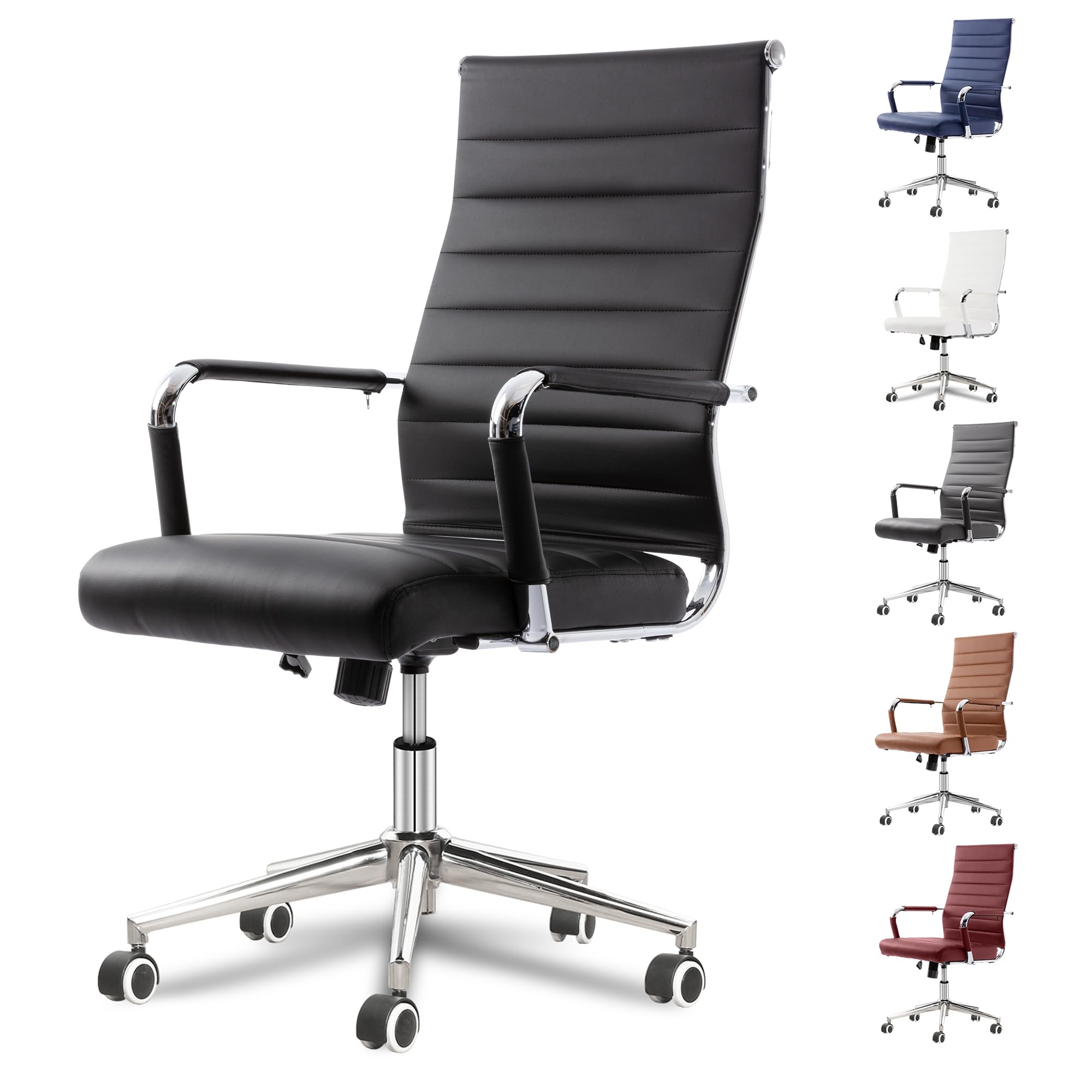 Okeysen Office Desk Chair, Ergonomic Leather Modern Conference Room Chairs, Executive Ribbed Height Adjustable Swivel Rolling Chair for Home Office. (Black)