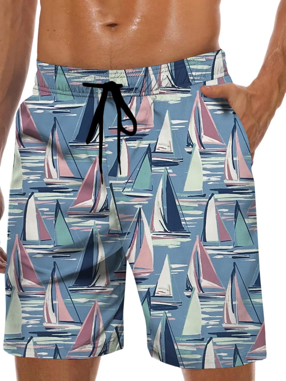 Men's Swim Trunks Hawaiian Bathing Mesh Lining Suit Swimsuits Beach Shorts with Pockets, Blue-sailboat, 3XL