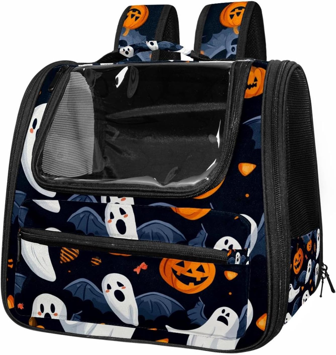 Portable Travel pet Backpack Carrier Hamster Bag Small Dog cat Carrier Breathable Hang Bag, Halloween Bats Candies Pumpkins