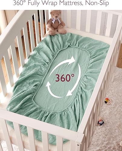 Miniatura 6 de Momcozy Sábanas ajustables estándar de muselina para cuna, 52 x 28 pulgadas, paquete de 2 sábanas de algodón natural suave y transpirable, envoltura