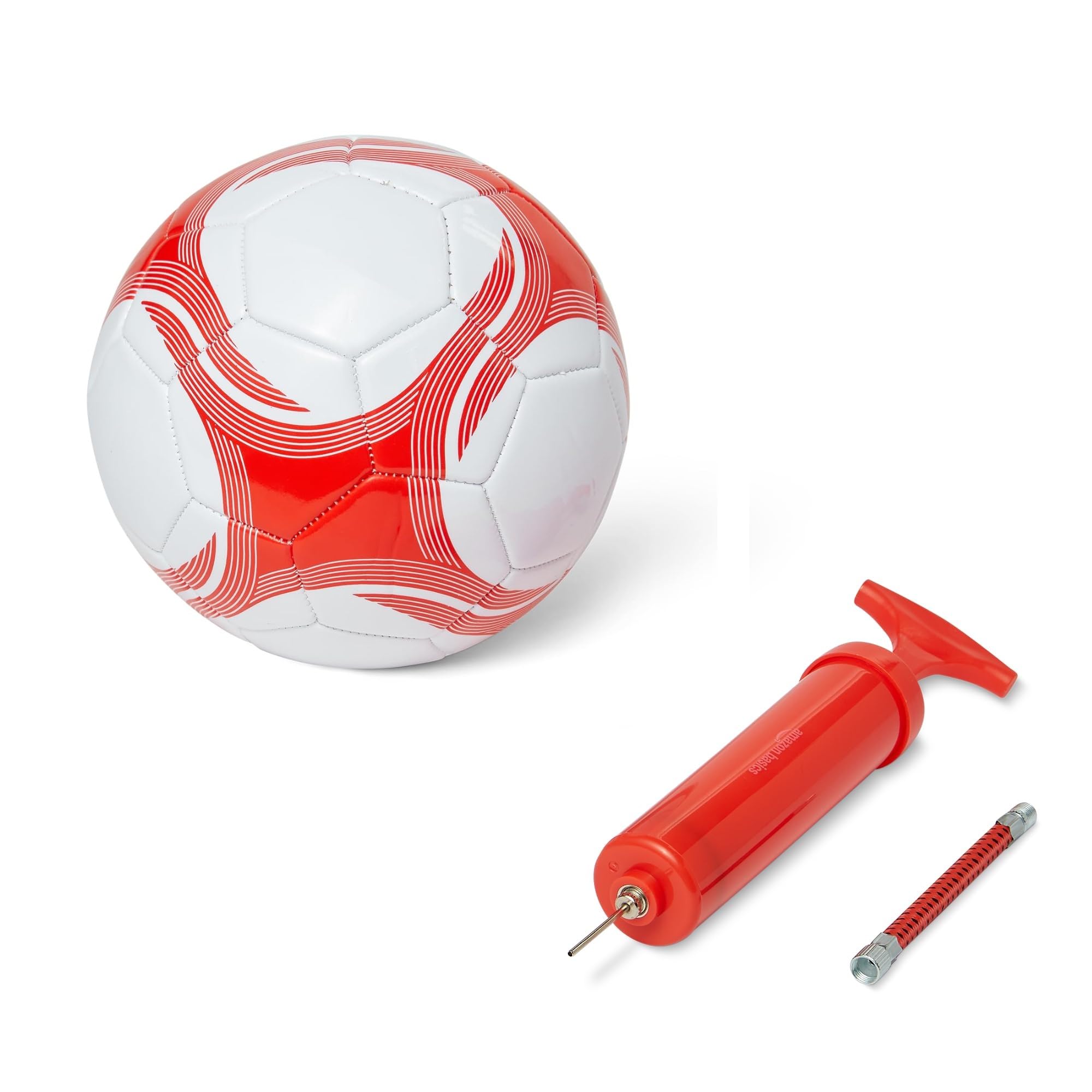 Amazon Basics Fußball Größe 3 mit Pumpe – Trainingsball, strapazierfähige PVC-Konstruktion, Butylblase, für den Innen- und Außenbereich, maschinengenähter Übungsball, weiß und rot