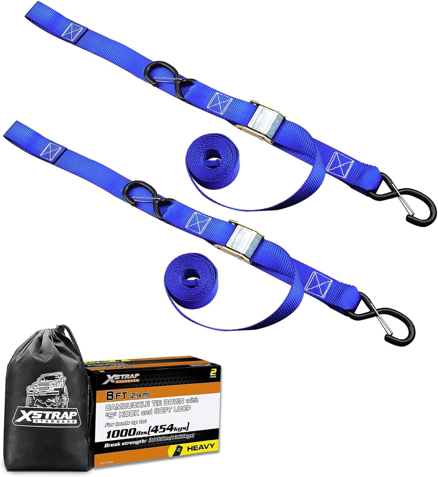 XSTRAP STANDARD 2-Pack Heavy Duty Tie Down Straps, 1.5" x 8ft, 3000lb Break Strength with S Hooks & Soft Loops for Motorcycle, ATV, Kayak, Boat, Truck Accessories - Blue