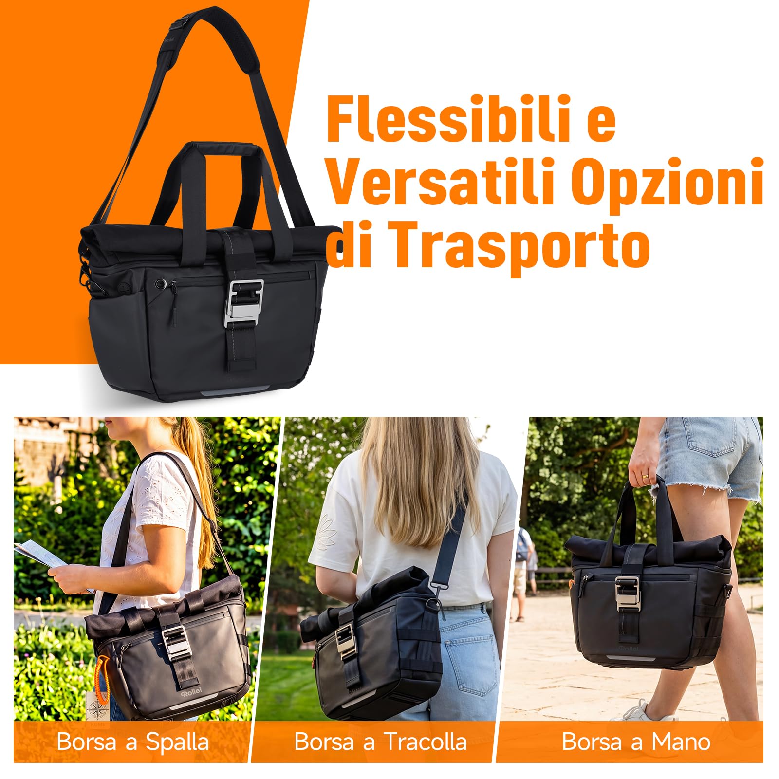 Borsa per Fotocamera, Rollei Fotoliner Ocean Rolltop Bag L Borsa Fotografica Impermeabile Zaino Fotografico Grande con Tracolla Regolabile Crossbody Borse per Macchina Fotografia DSLR e Accessori Nera