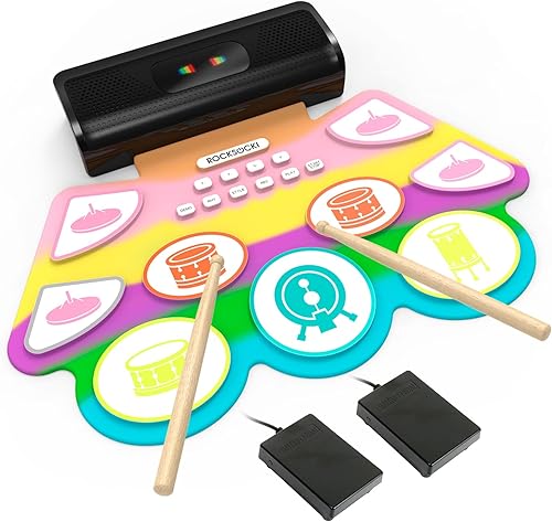 ROCKSOCKI - Juego de batería eléctrica de 9 almohadillas para niños, almohadilla de práctica enrollable con baquetas