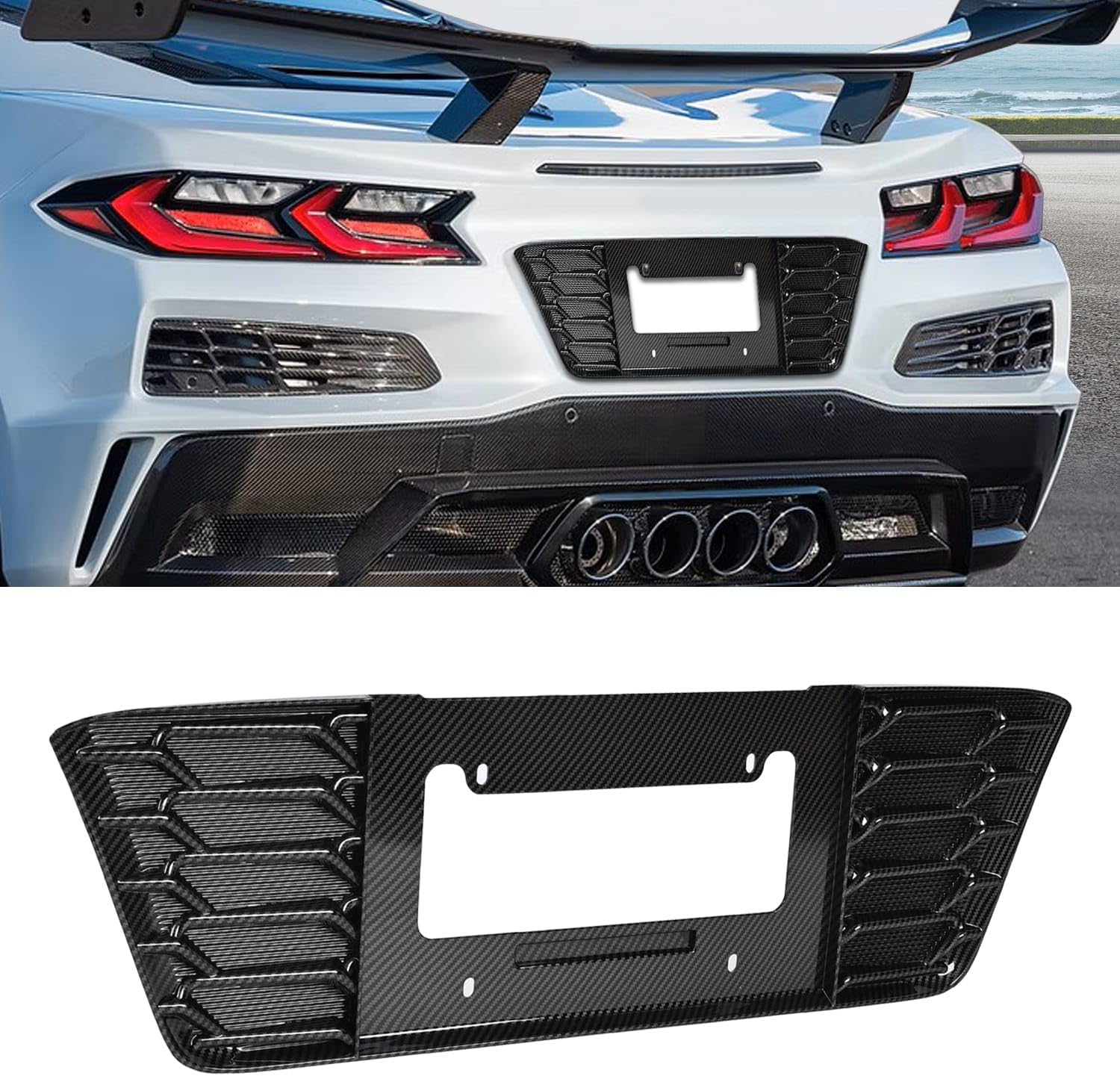 Rear License Plate Frame,Carbon Fiber Pattern Rear Trunk License Plate Base Frame Grill Vent Insert Cover Trim Protector Accessories for Corvette C8 Z06 2023+ and for C8 E-ray 2024+