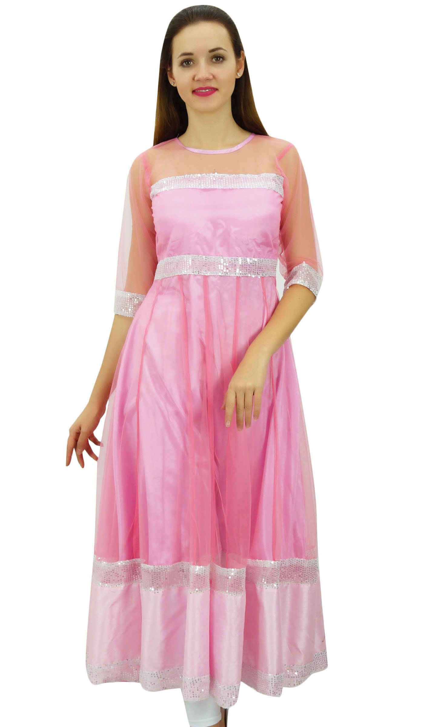 Bimba Women's Designer Net Anarkali Kurta Kurti Light Weight Ethnic Party Wear Dress, Baby Pink, 10