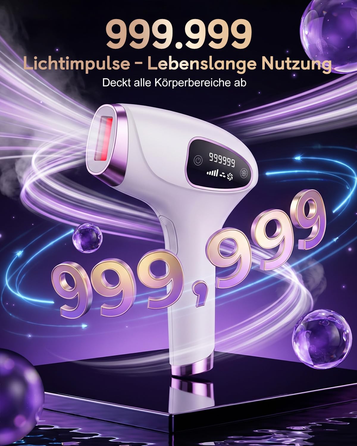 IPL Haarentfernungsgerät für Zuhause – 990.000 Blitze, 9 Energiestufen & Kühlfunktion, dauerhafte Haarentfernung für Körper, Achseln, Bikini-Zone, 3 Modi – inkl. Schutzbrille & Rasierer