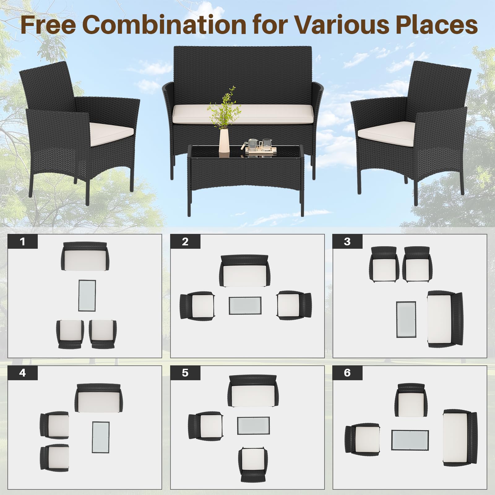 Bigzzia Juego de Muebles de Jardín de Ratán, 4 Piezas, Muebles de Ratán para Patio, Sofá de Tejido de Mimbre Incluye 2 Sillones, 1 Sofá de Doble Asiento y 1 Mesa