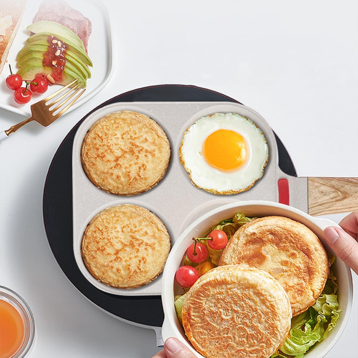 PACKOVE Sartén para Cocinar Huevos y Hamburguesas y Cuatro Orificios Antiadherente de Piedra Médica Adecuado para Desayunos en Casa y Niños Niños