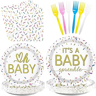 Grencian 96 Pcs Sprinkle Baby Shower Decorations Tableware IT’S A Baby Sprinkle Party Plates Rainbow Confetti Sprinkle Baby Shower Party Supplies for Boys Girls Gender Reveal Party Favors Serves 24